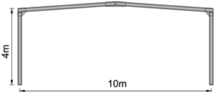 Rysunek ramy hali 10 × 4 m — widok od czoła z wymiarami.