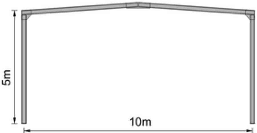 Rysunek ramy hali 10 × 5 m — widok od czoła z wymiarami.