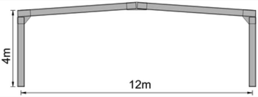 Rysunek ramy hali 12 × 4 m — widok od czoła z wymiarami.