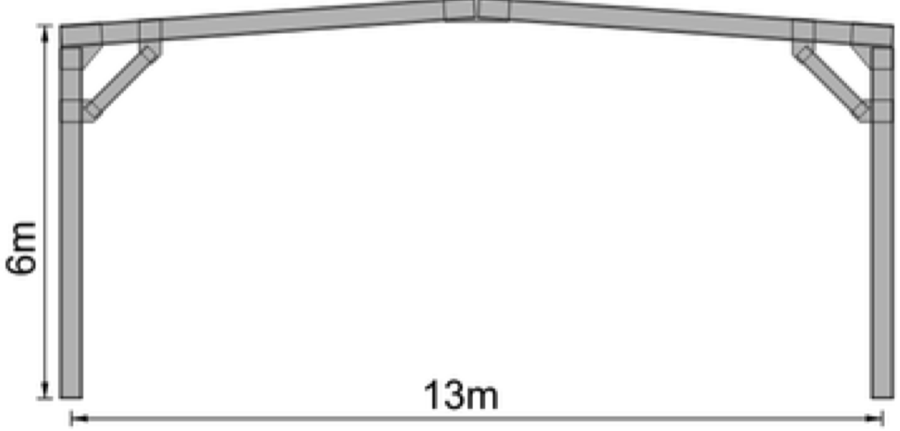Rysunek ramy hali 13 × 6 m — widok od czoła z wymiarami.