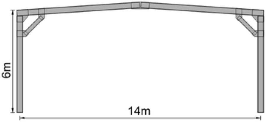 Rysunek ramy hali 14 × 6 m — widok od czoła z wymiarami.