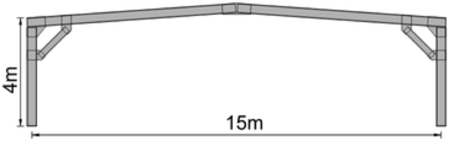 Rysunek ramy hali 15 × 4 m — widok od czoła z wymiarami.