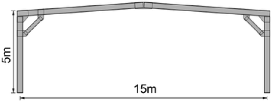 Rysunek ramy hali 15 × 5 m — widok od czoła z wymiarami.