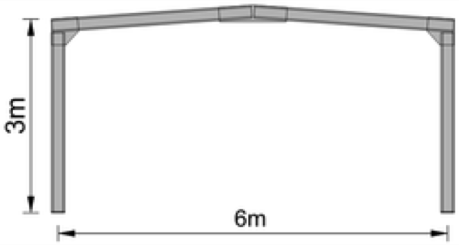 Rysunek ramy hali 6 × 3 m — widok od czoła z wymiarami.