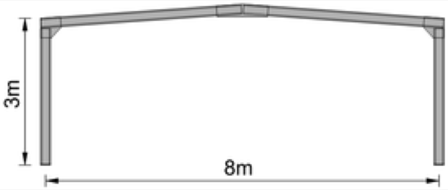 Rysunek ramy hali 8 × 3 m — widok od czoła z wymiarami.