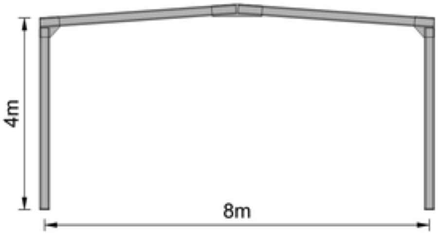 Rysunek ramy hali 8 × 4 m — widok od czoła z wymiarami.
